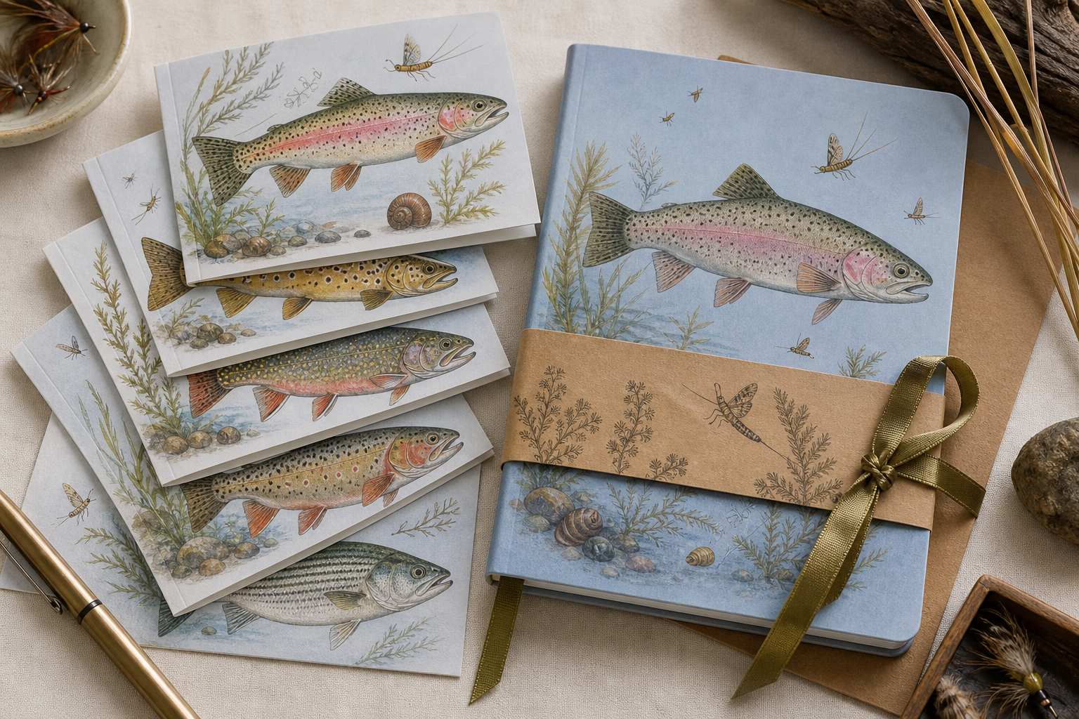 River Notes card and journal mockup with realistic trout illustrations